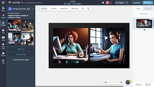 Screenshot of Visme's generative AI graphic design interface